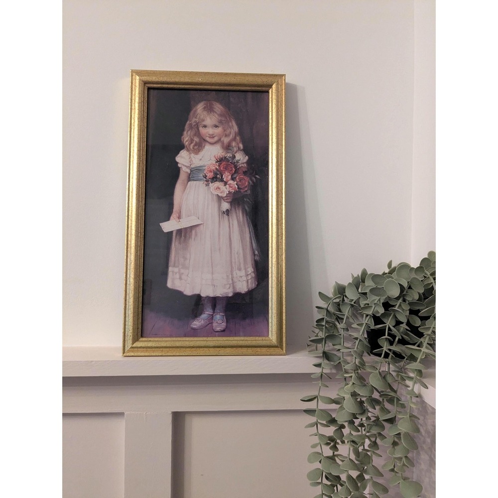 Vintage Romantic Girl Framed Print Cottagecore Wall Decor Victorian Style Gold